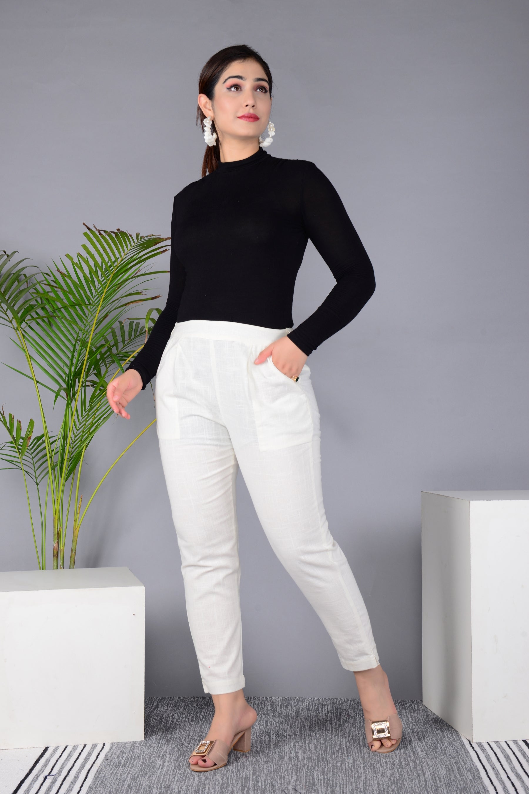 Majestic Diva's Women’s High Waist Off-White Tapered Pants