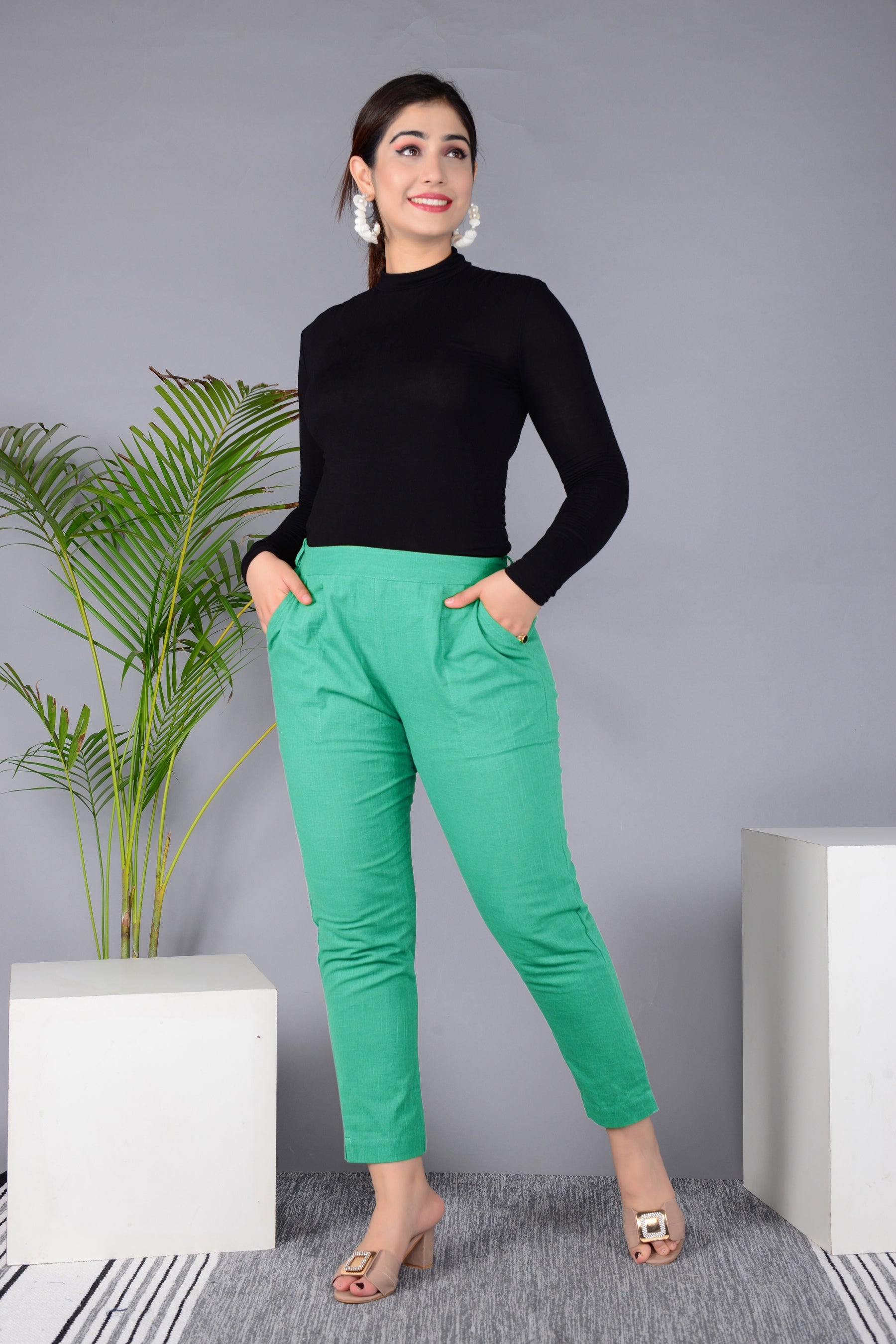 Majestic Diva's Women’s High-Waist Slim Fit Green Pant