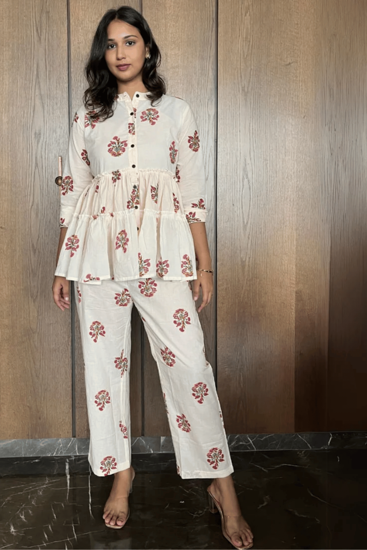 Majestic Diva Off White Floral Printed Peplum Co-Ord Set