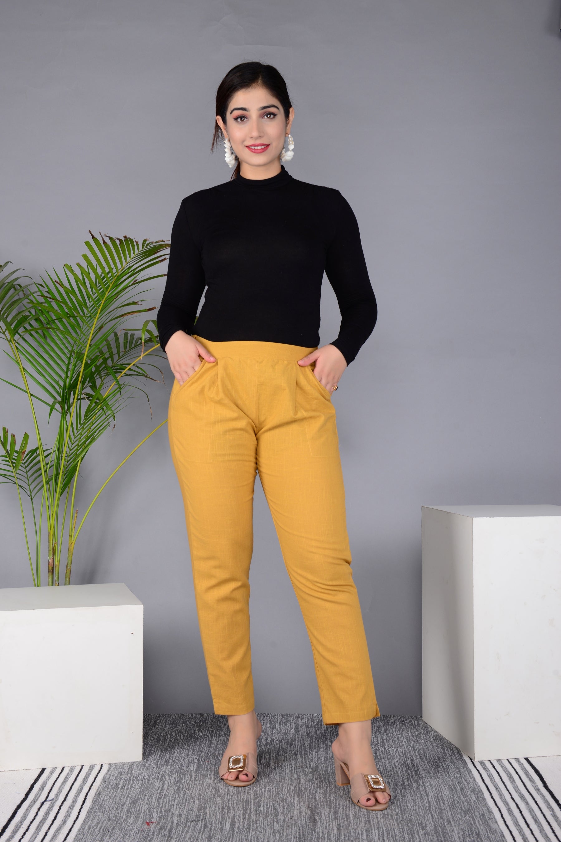 Majestic Diva's Women’s High Waist Mustard Yellow Tapered Pants Main image