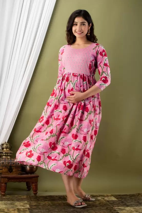 Majestic divas Cotton Rose Pink Floral Maternity Feeding Kurta Dress with Dual Zippers