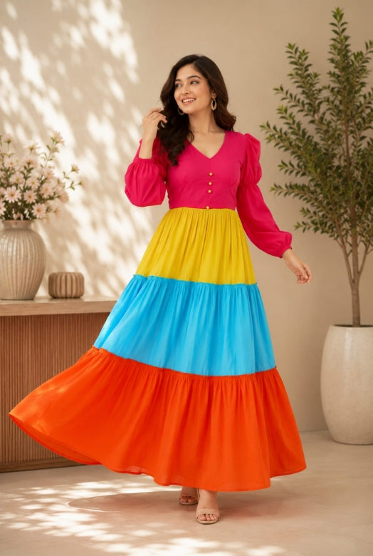 Rainbow Bloom Cotton Tiered Maxi Dress