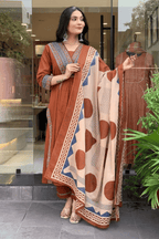 Majestic Diva Rust Brown Embroidered and Printed Dupatta Set