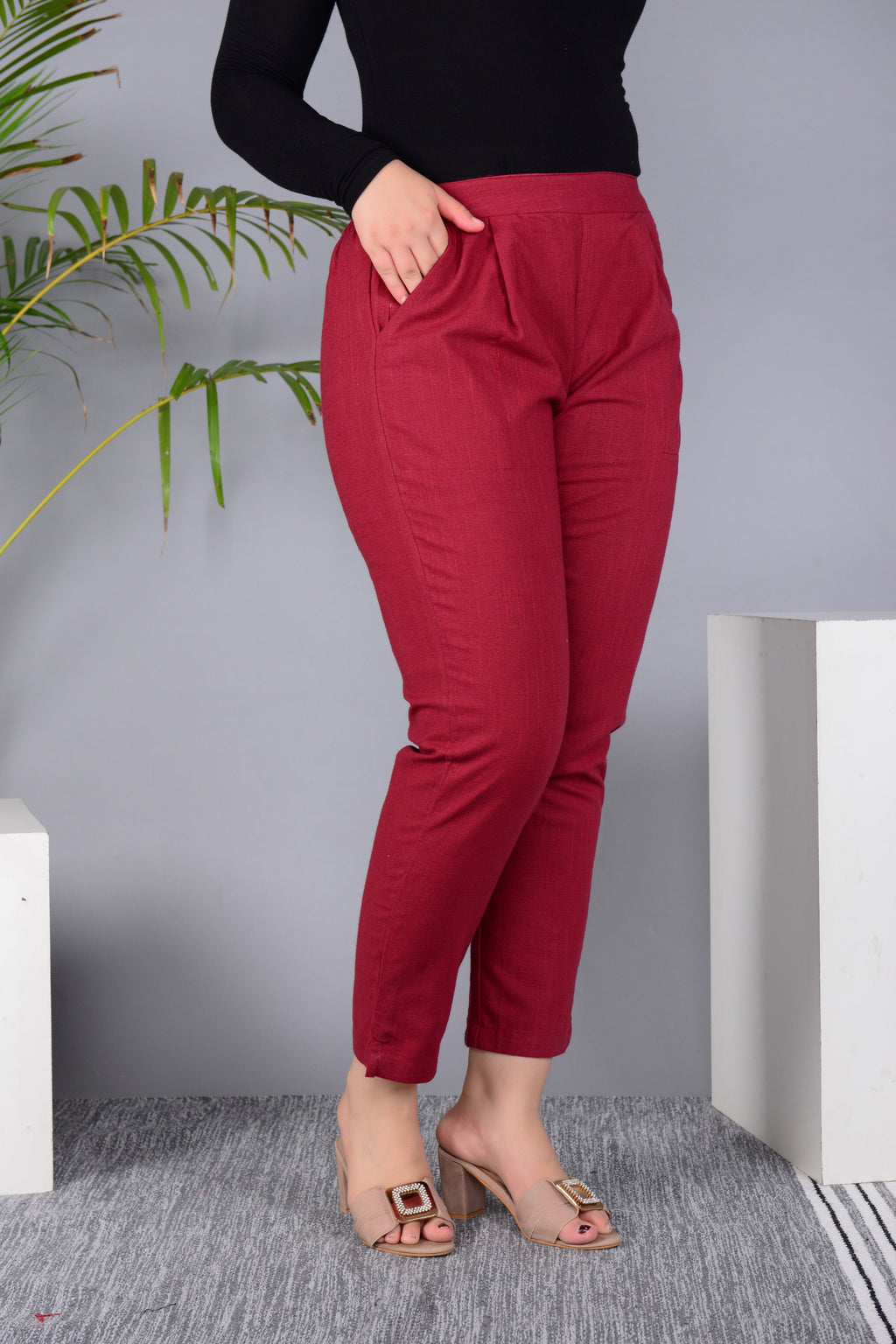 Majestic Diva's Women’s High Waist Brick Red Tapered Pants