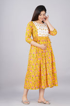 Majestic divas Cotton Yellow Pink Floral Allover Printed Maternity Feeding Kurta Dress with Dual Zippers