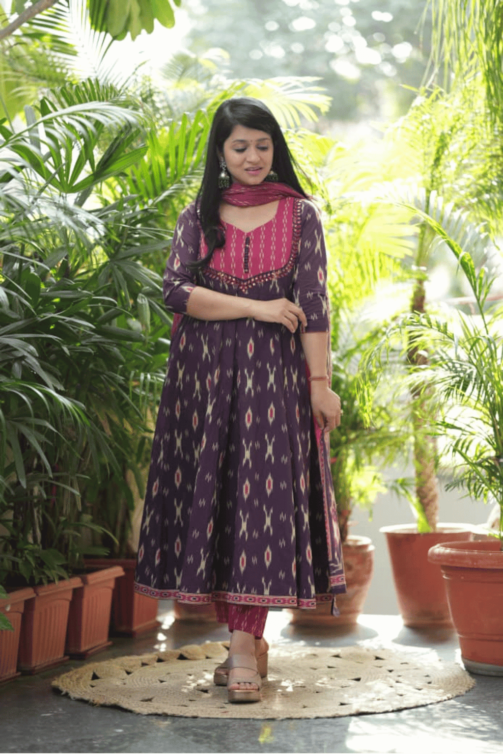 Majestic Diva Purple Ikat Print Anarkali Dupatta Set