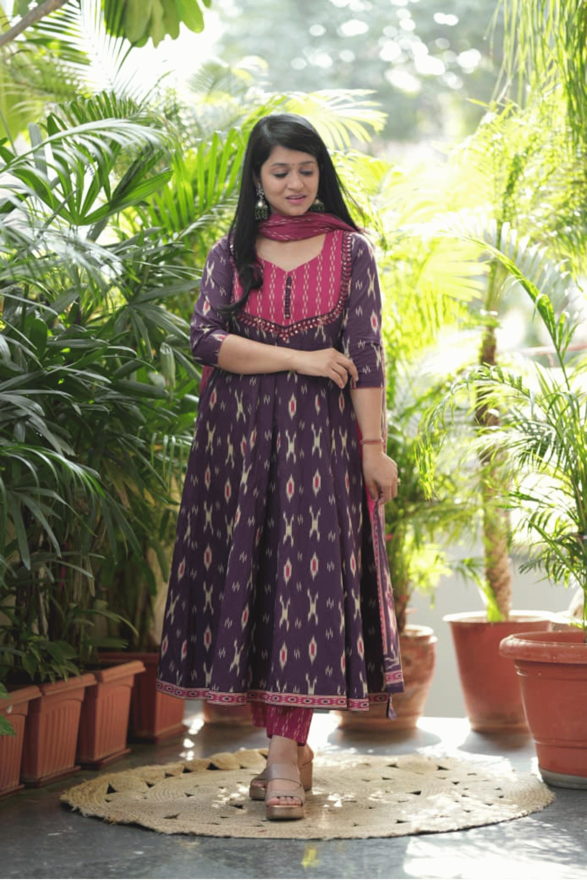 Majestic Diva Purple Ikat Print Anarkali Dupatta Set