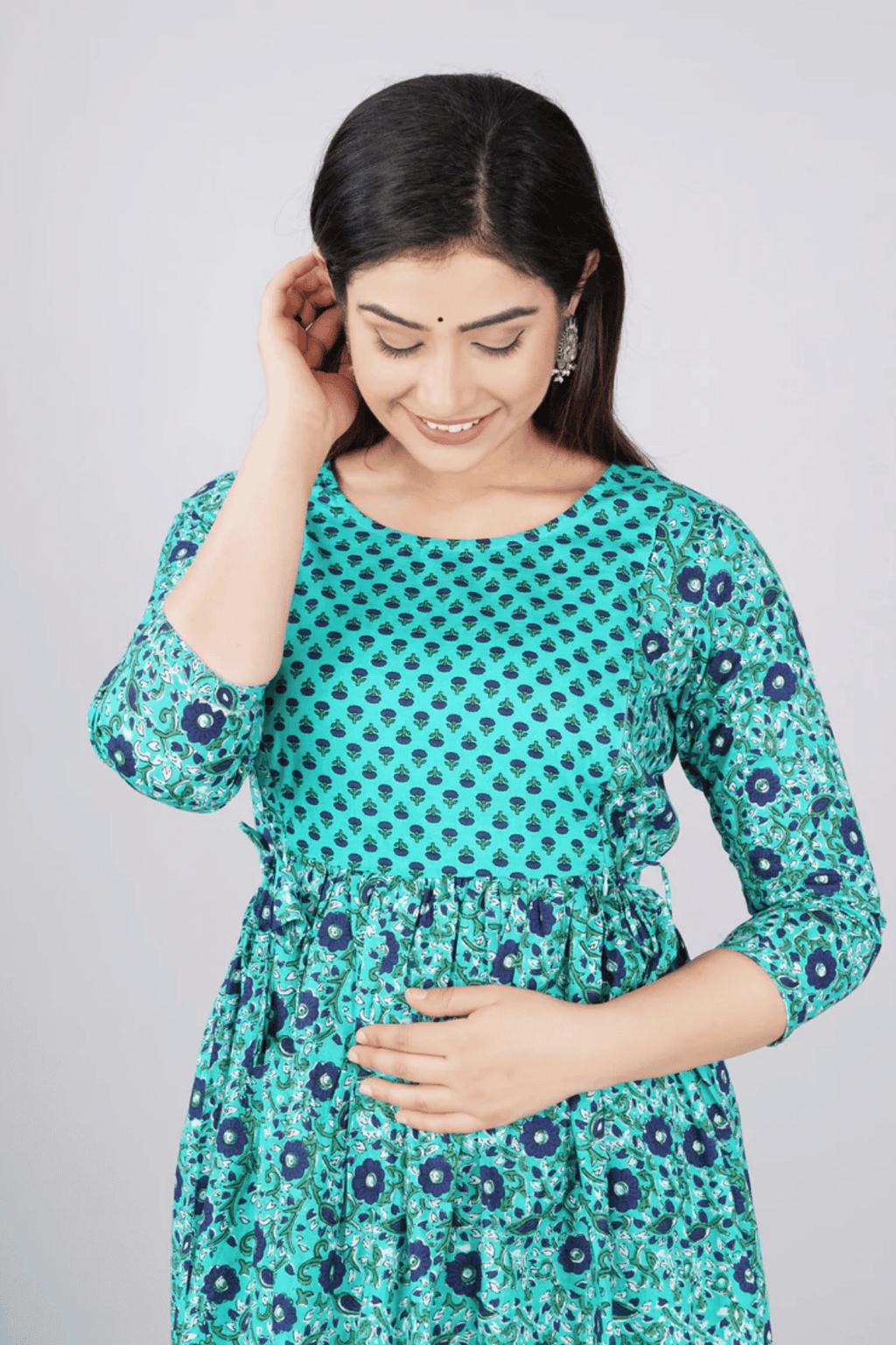 Majestic divas Cotton Teal Blue Black Floral Printed Maternity Feeding Kurta Dress with Dual Zippers