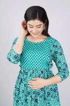 Majestic divas Cotton Teal Blue Black Floral Printed Maternity Feeding Kurta Dress with Dual Zippers