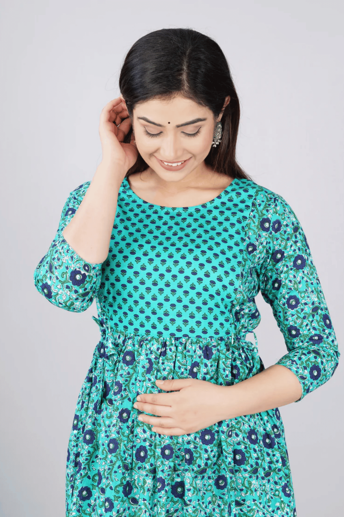 Majestic divas Cotton Teal Blue Black Floral Printed Maternity Feeding Kurta Dress with Dual Zippers