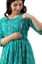 Majestic divas Cotton Blue Floral Maternity Feeding Kurta Dress with Dual Side Zippers