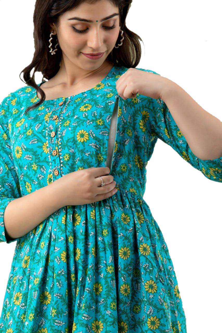 Majestic divas Cotton Blue Floral Maternity Feeding Kurta Dress with Dual Side Zippers