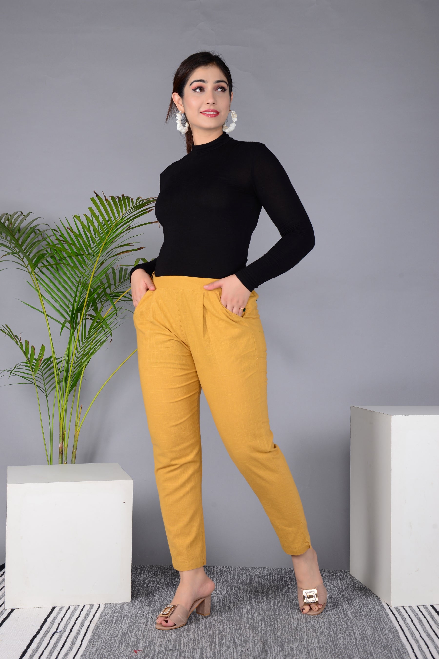 Majestic Diva's Women’s High Waist Mustard Yellow Tapered Pants Secondary image