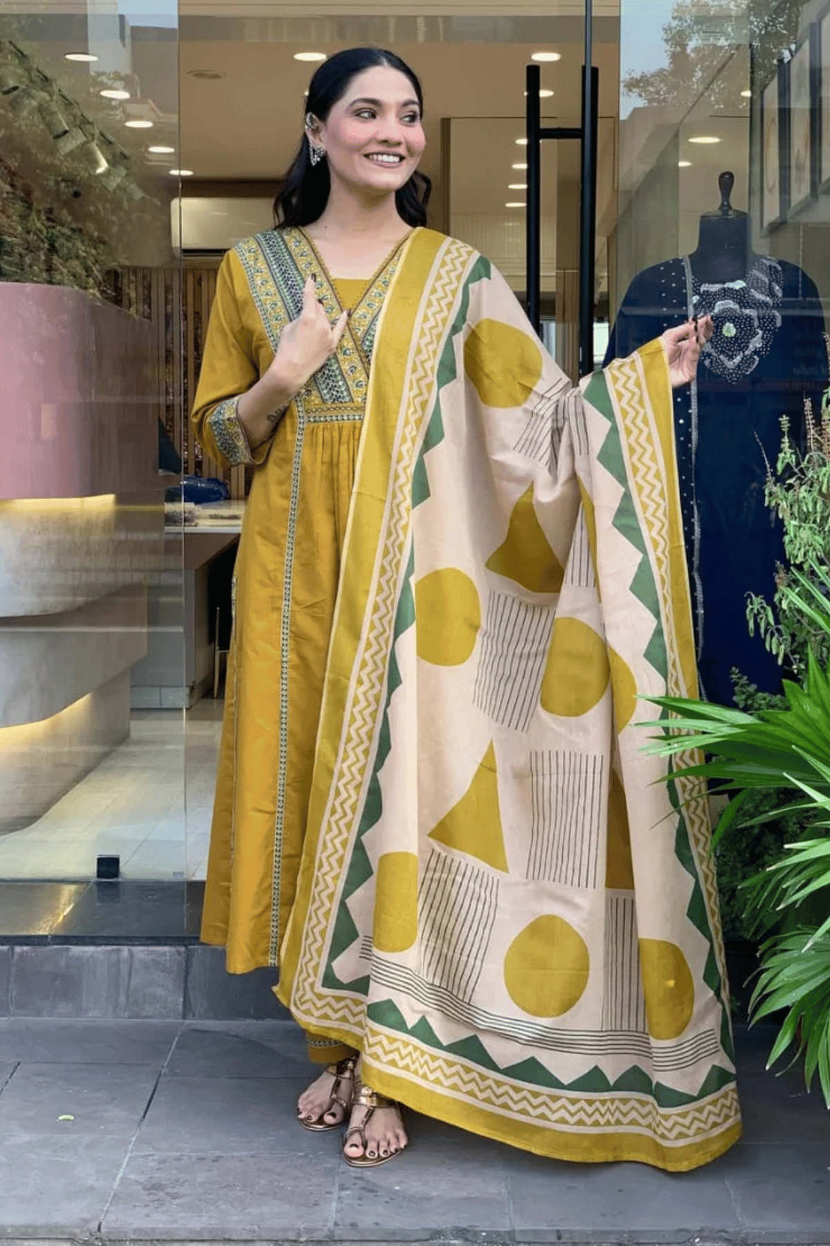 Majestic Diva Mustard Yellow Embroidered and Printed Dupatta set