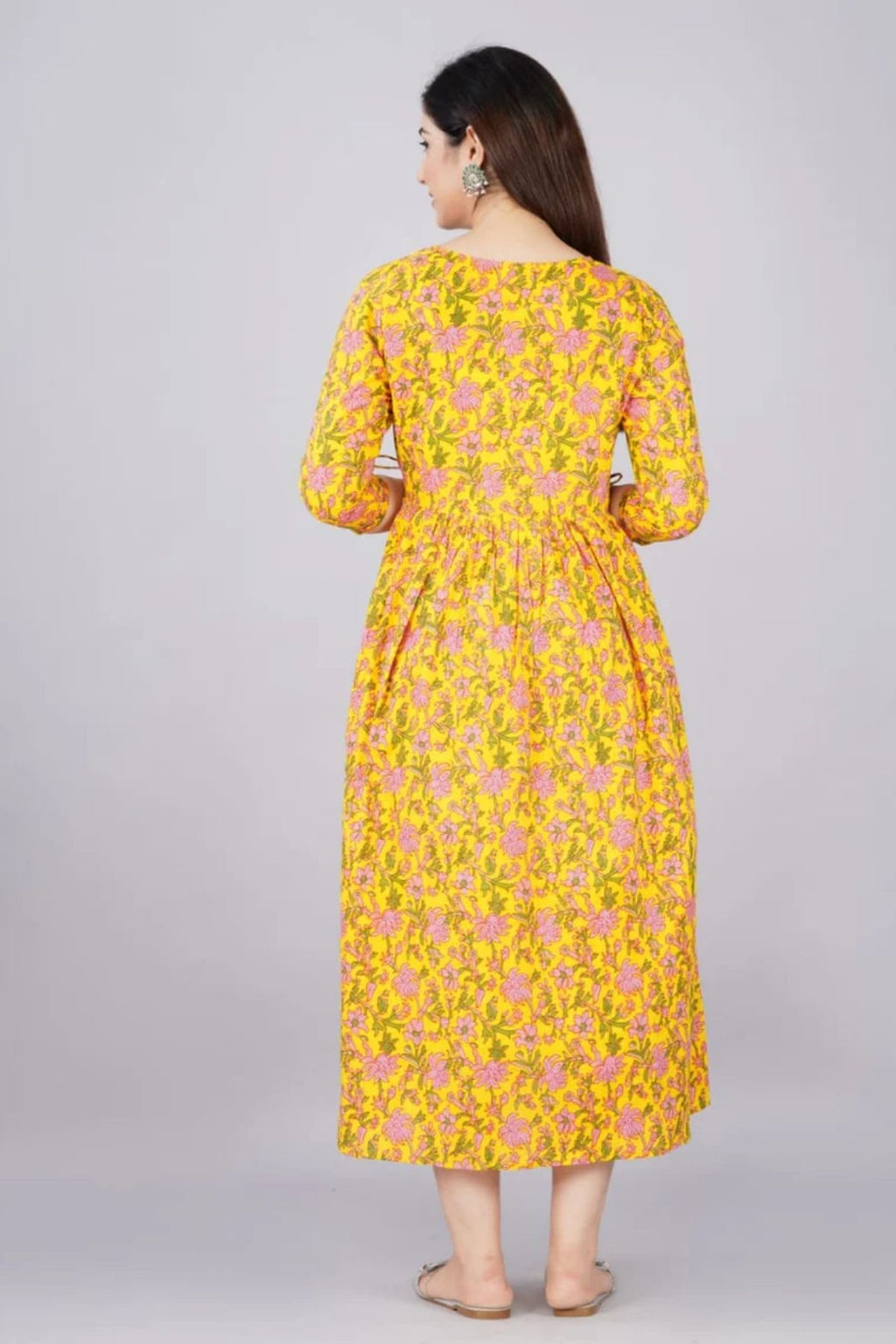 Majestic divas Cotton Lemon Yellow Floral Maternity Feeding Kurta Dress with Dual Zippers