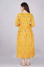 Majestic divas Cotton Lemon Yellow Floral Maternity Feeding Kurta Dress with Dual Zippers