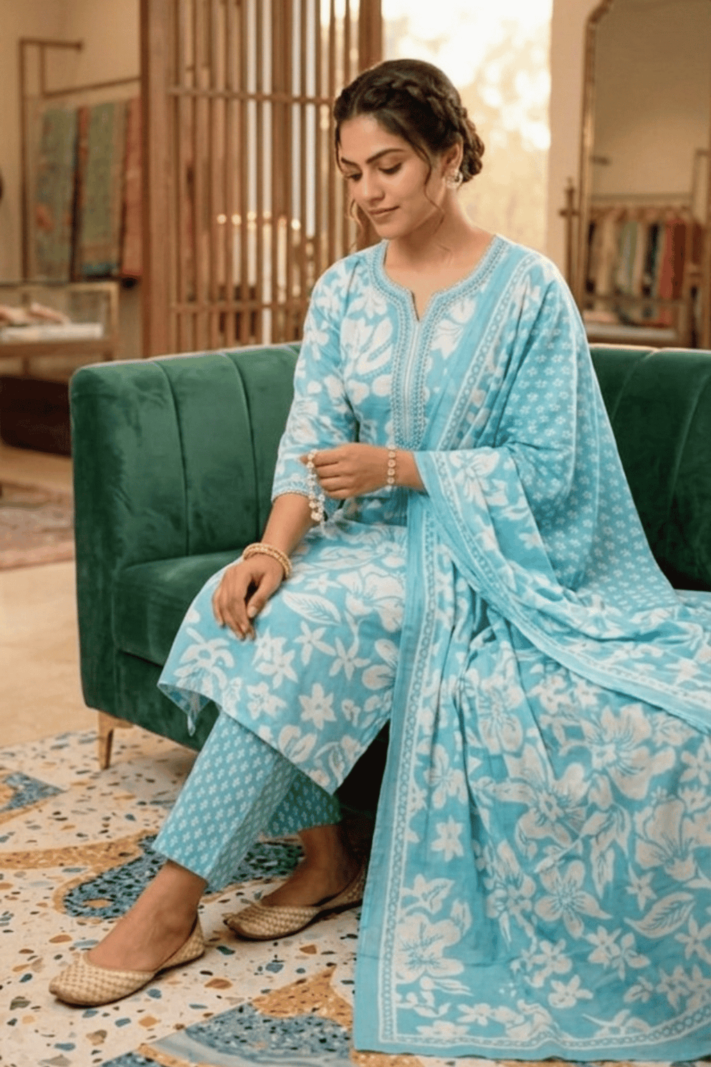 Majestic Diva's Sky Blue Floral Printed Dupatta Set