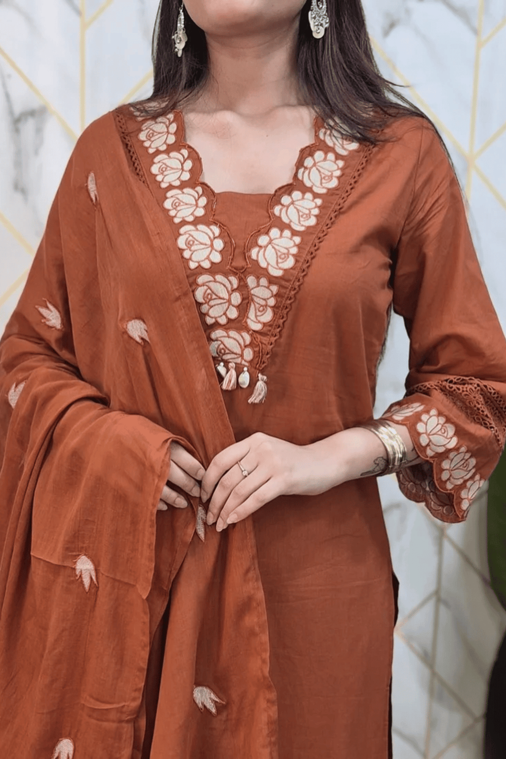 Majestic Diva Rust Brown Floral Embroidered Kurta Set with Dupatta