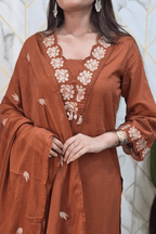 Majestic Diva Rust Brown Floral Embroidered Kurta Set with Dupatta
