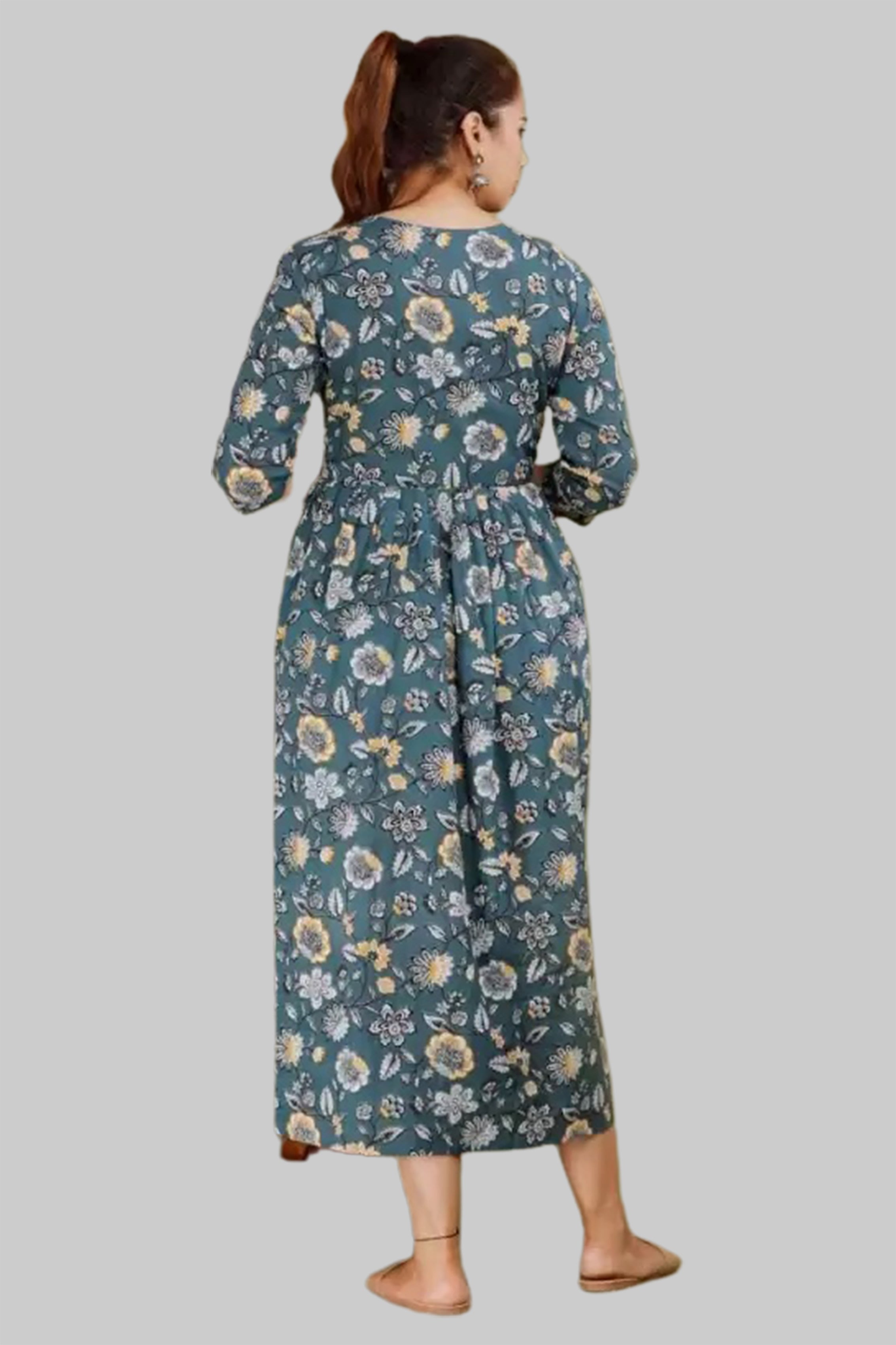 Majestic divas  Cotton Teal Green Floral Maternity Feeding Kurta Dress with Dual Zippers Secondary image
