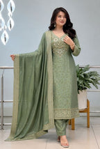 Sage Green Pure Malay Glass Tissue Kanjivaram Handwork Dupatta Set  with Jacquard Dupatta