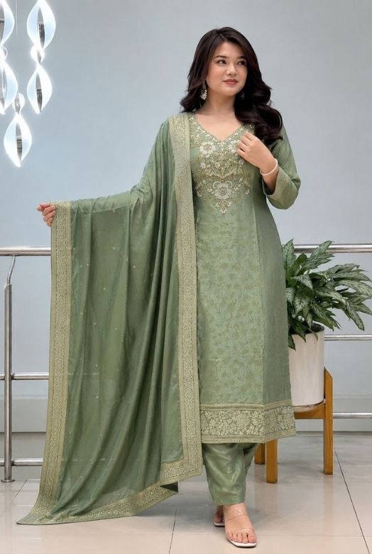 Sage Green Pure Malay Glass Tissue Kanjivaram Handwork Dupatta Set  with Jacquard Dupatta