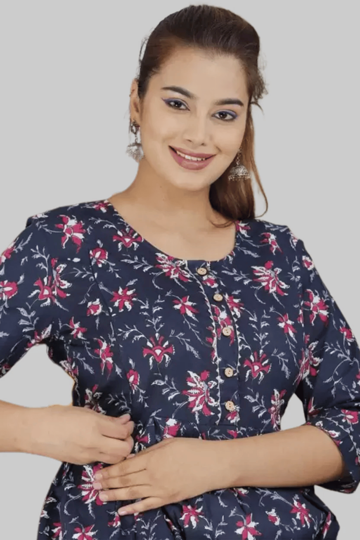 Majestic divas Cotton Navy Blue Floral Maternity Feeding Kurta Dress with Dual Zippers