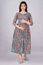 Majestic divas Cotton Teal Blue Red Floral Printed Maternity Feeding Kurta Dress with Dual Zippers