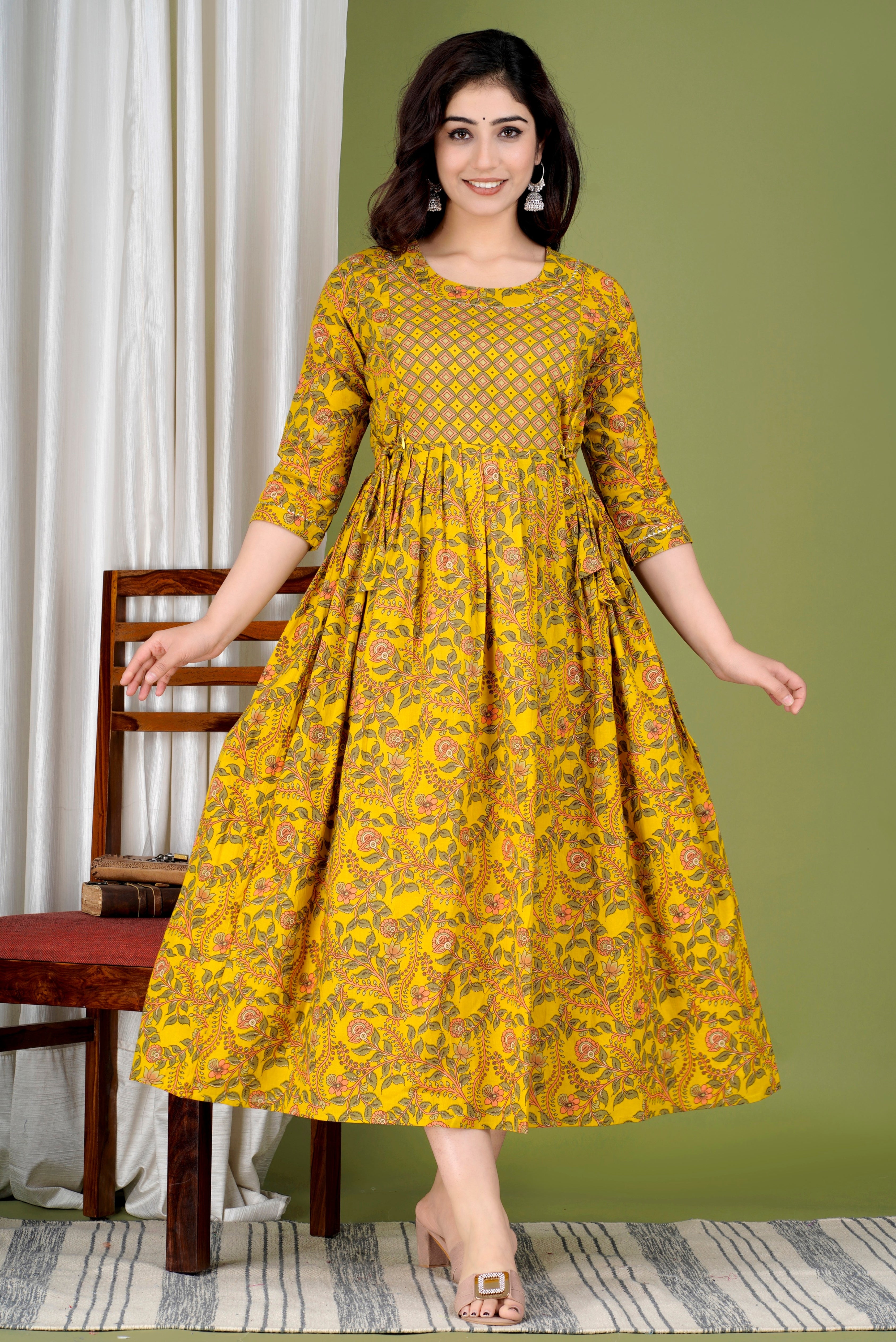 Majestic divas Cotton Mustard Yellow Floral Vine Printed Maternity Feeding Kurta Dress with Dual Zippers