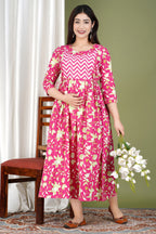 Majestic divas Cotton Pink Floral & Chevron Printed Maternity Feeding Kurta Dress with Dual Zippers