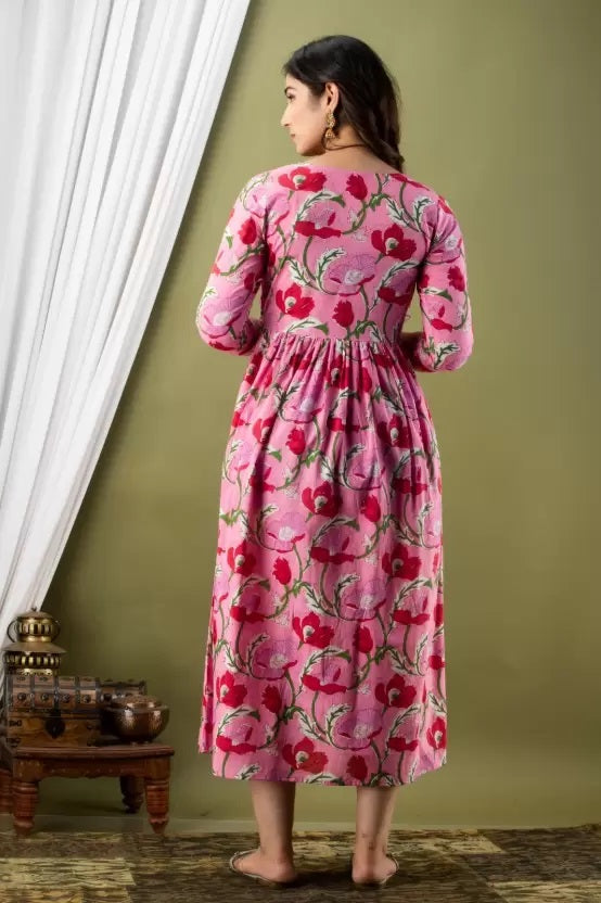 Majestic divas Cotton Rose Pink Floral Maternity Feeding Kurta Dress with Dual Zippers