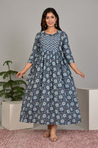 Majestic divas Cotton Navy Blue Floral Printed Maternity Feeding Kurta Dress with Dual Zippers