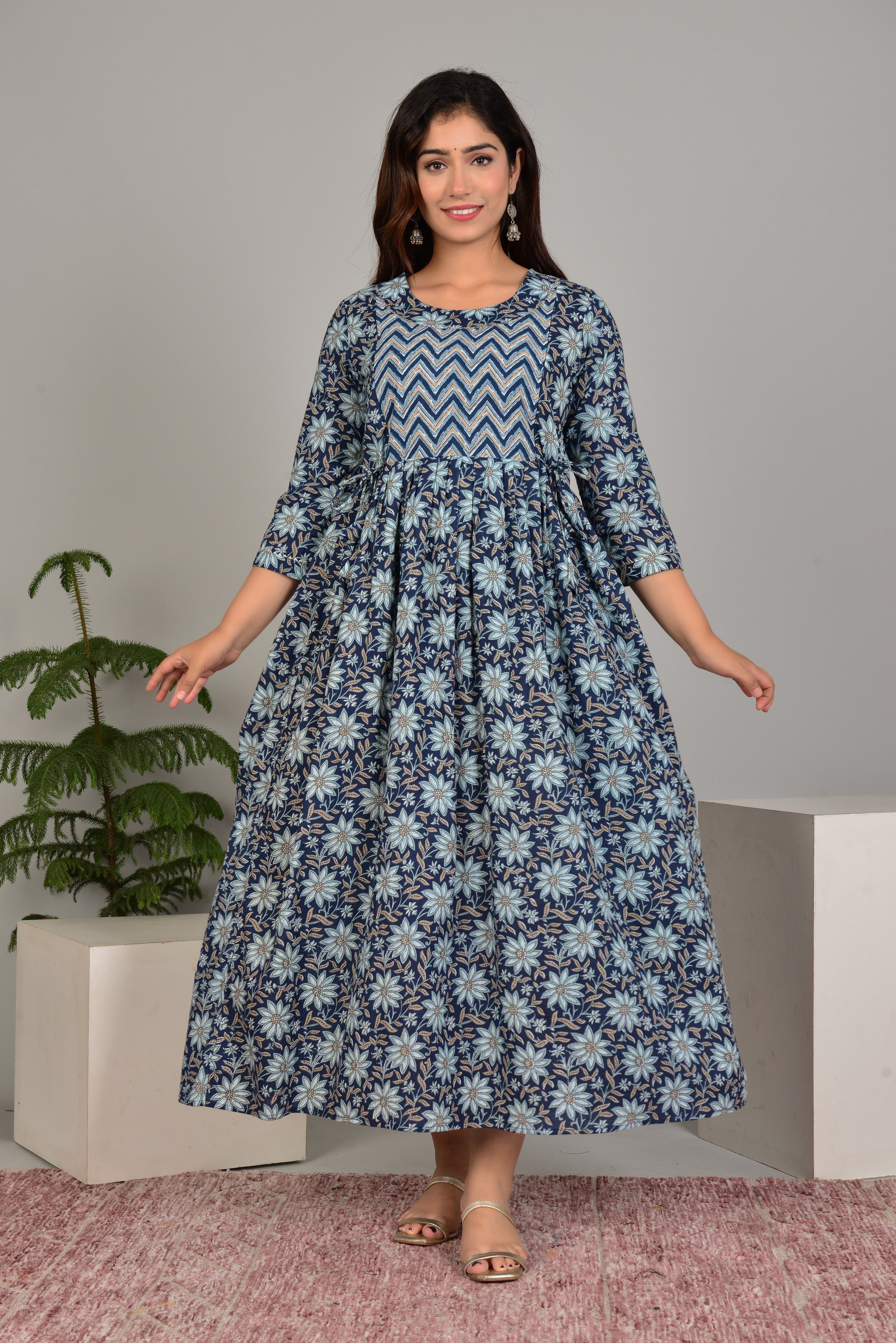 Majestic divas Cotton Navy Blue Floral Printed Maternity Feeding Kurta Dress with Dual Zippers