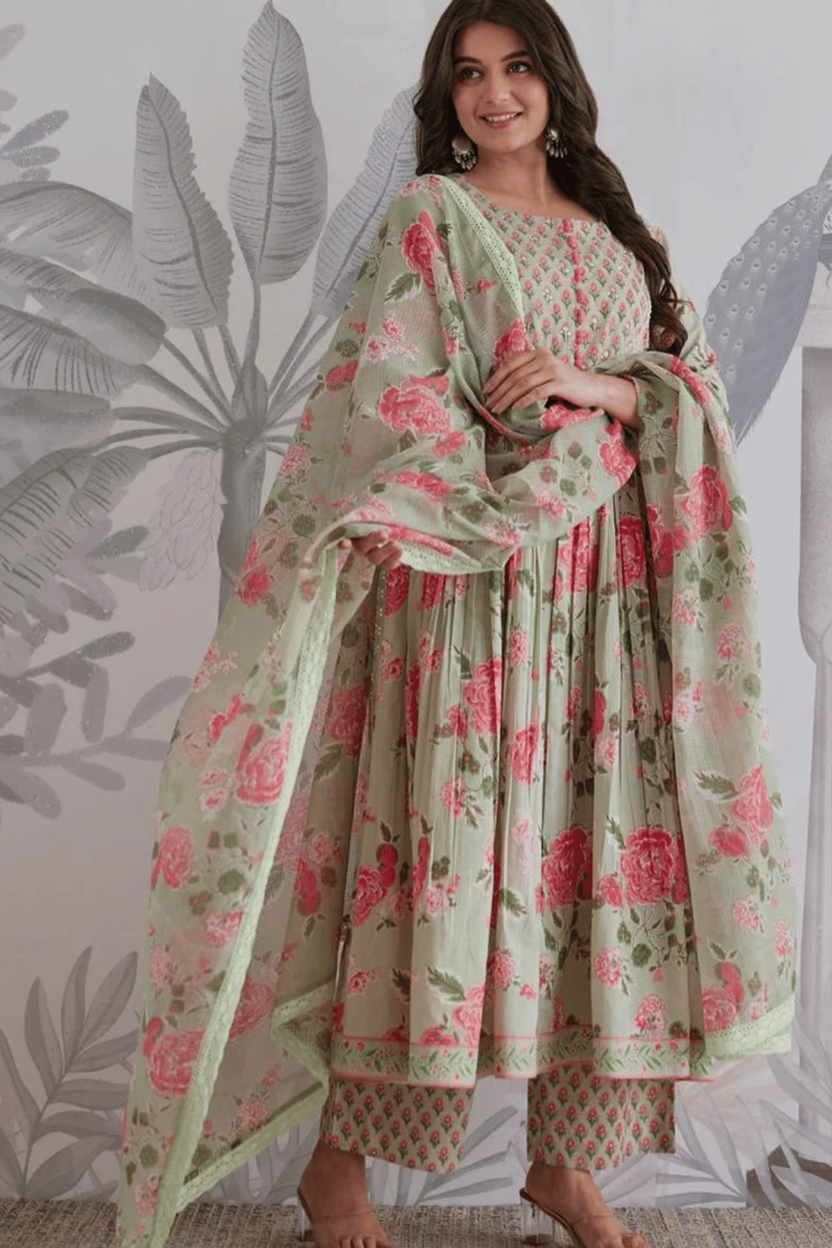 Majestic Diva's Sage Green Floral Printed Dupatta Set