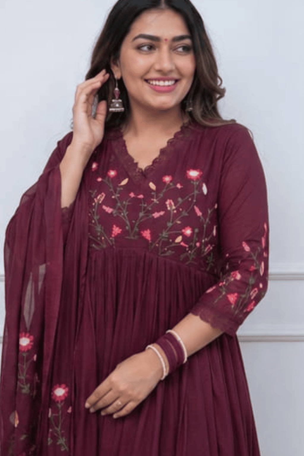 Majestic Divas Royal Wine Embroidered Anarkali Dupatta Set