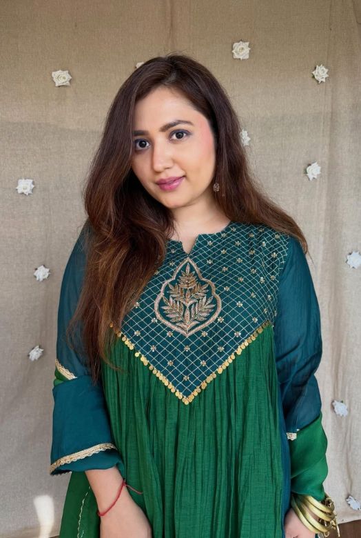 Royal Green Pure Mal Chanderi Anarkali Dupatta Set with Handwork Yoke & 2-Tone Shading