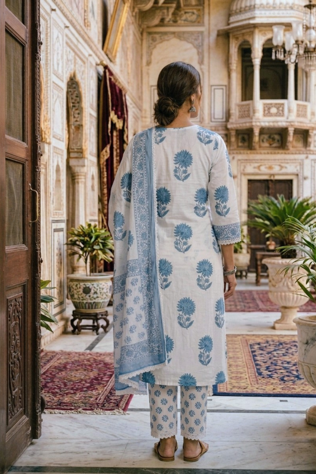 Majestic Diva's White & Blue Floral Printed Dupatta Set