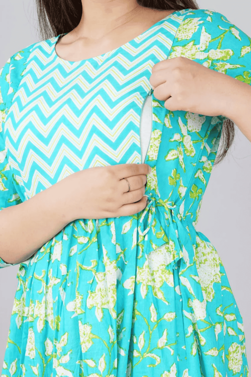 Majestic divas Cotton Aqua Blue Floral Maternity Feeding Kurta Dress with Dual Zippers