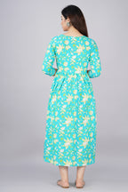 Majestic divas Cotton Aqua Blue White Floral Printed Maternity Feeding Kurta Dress with Dual Zippers