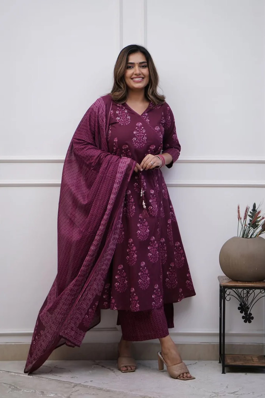 Majestic Diva's Wine Purple Printed Dupatta Set