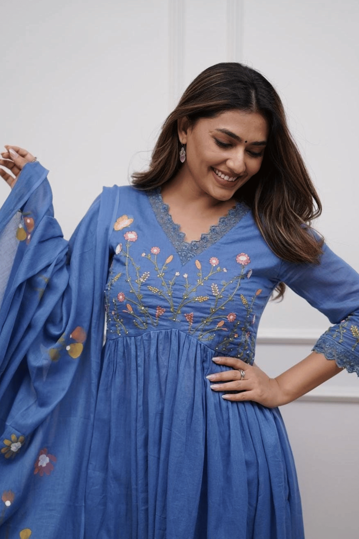 Majestic Divas Azure Blossom Embroidered Anarkali Dupatta Set