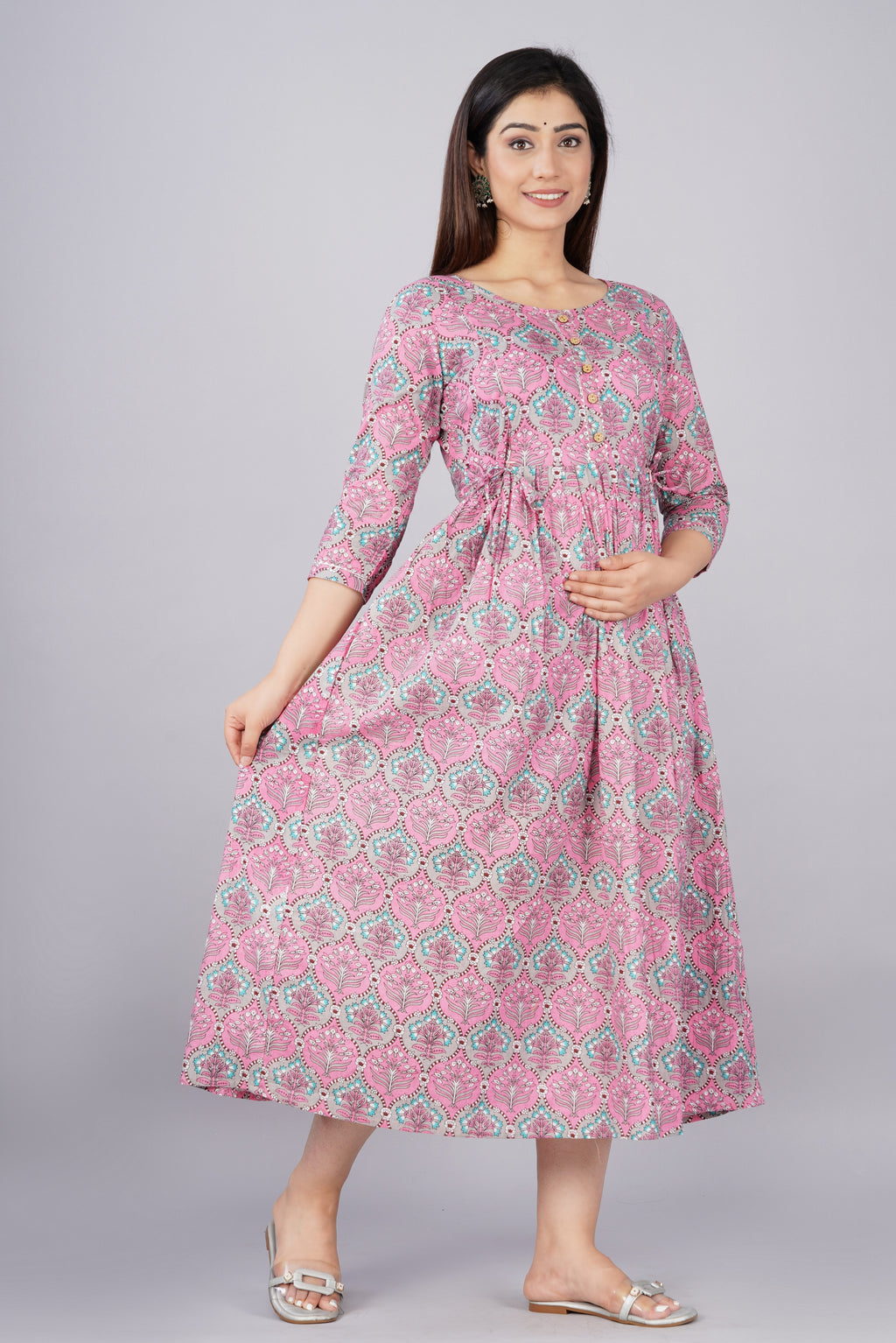 Majestic divas Cotton Pink Blue Floral Buta Printed Maternity Feeding Kurta Dress with Dual Zippers