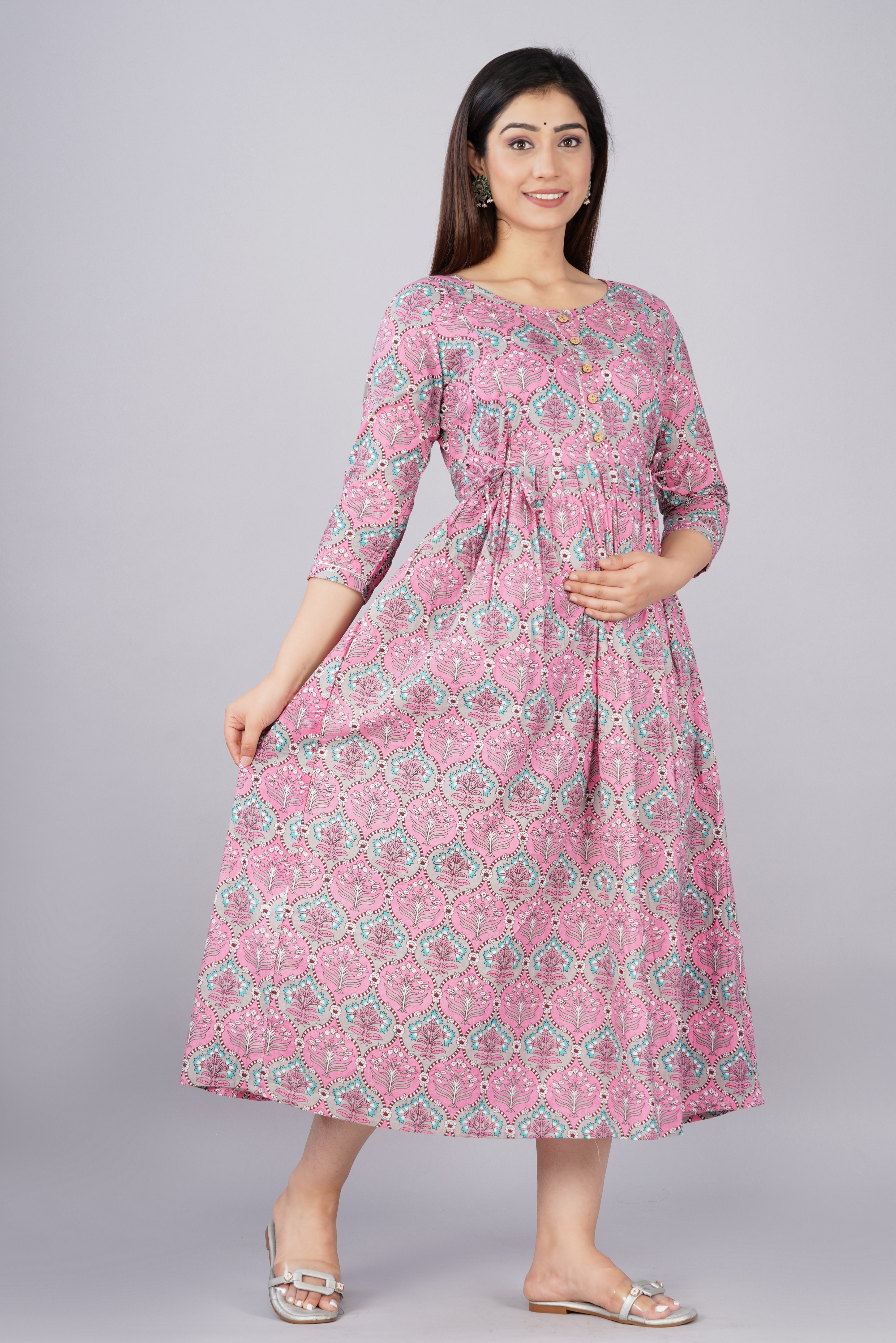 Majestic divas Cotton Pink Blue Floral Buta Printed Maternity Feeding Kurta Dress with Dual Zippers