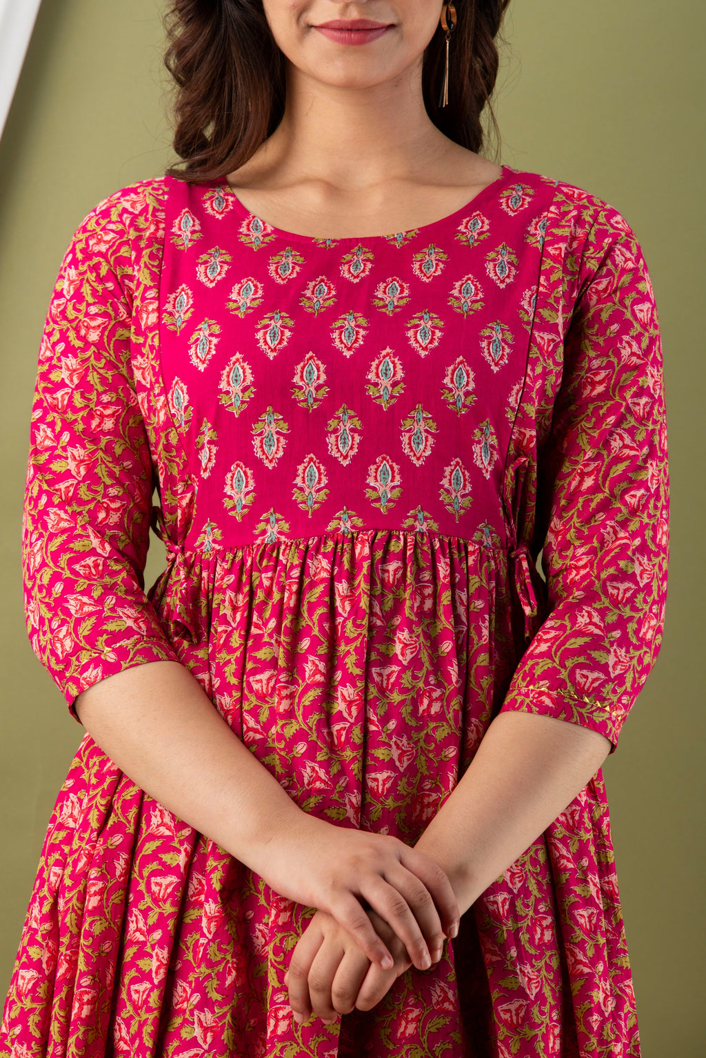 Majestic divas Cotton Rani Pink Floral Buta Printed Maternity Feeding Kurta Dress with Dual Zippers