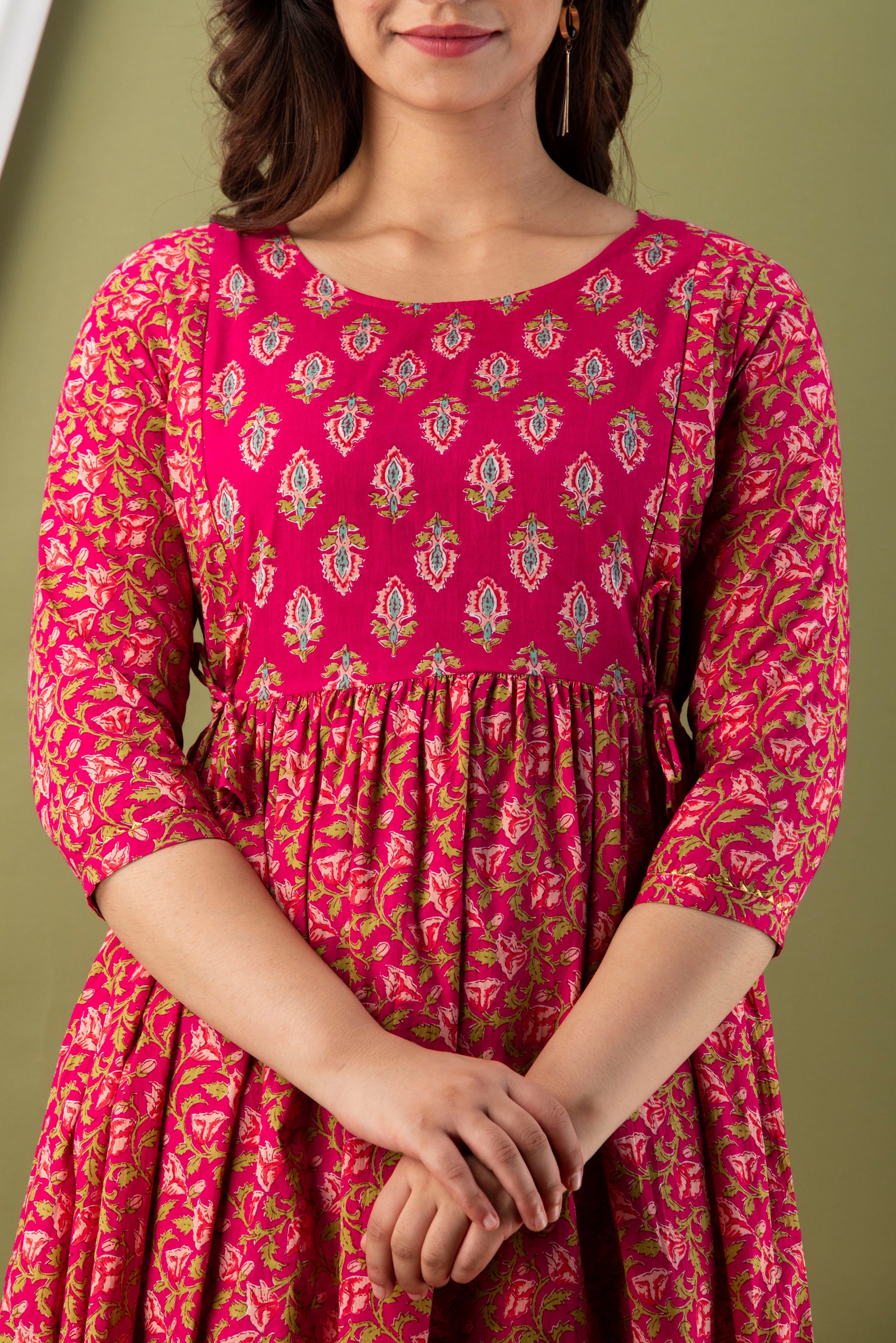 Majestic divas Cotton Rani Pink Floral Buta Printed Maternity Feeding Kurta Dress with Dual Zippers