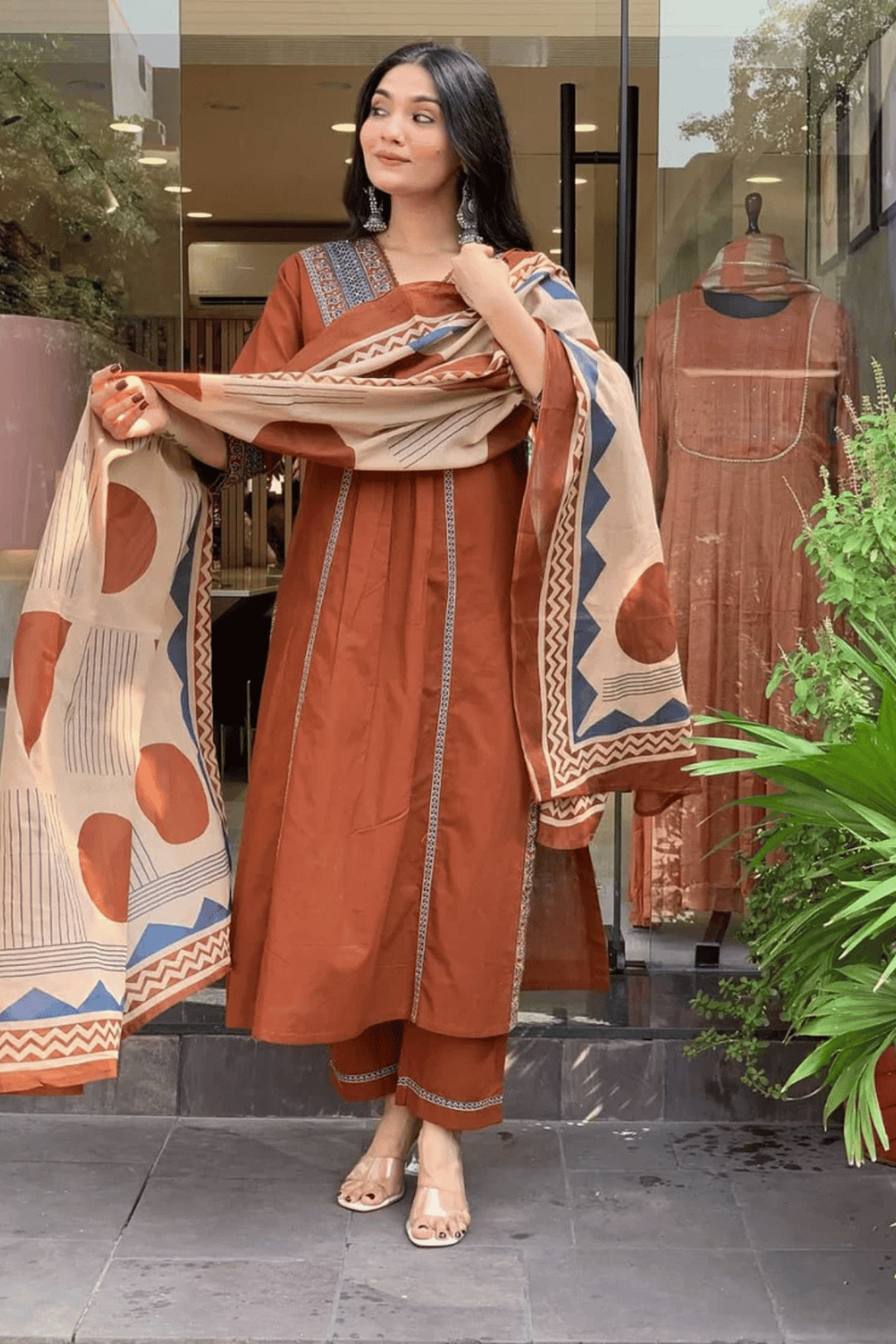 Majestic Diva Rust Brown Embroidered and Printed Dupatta Set