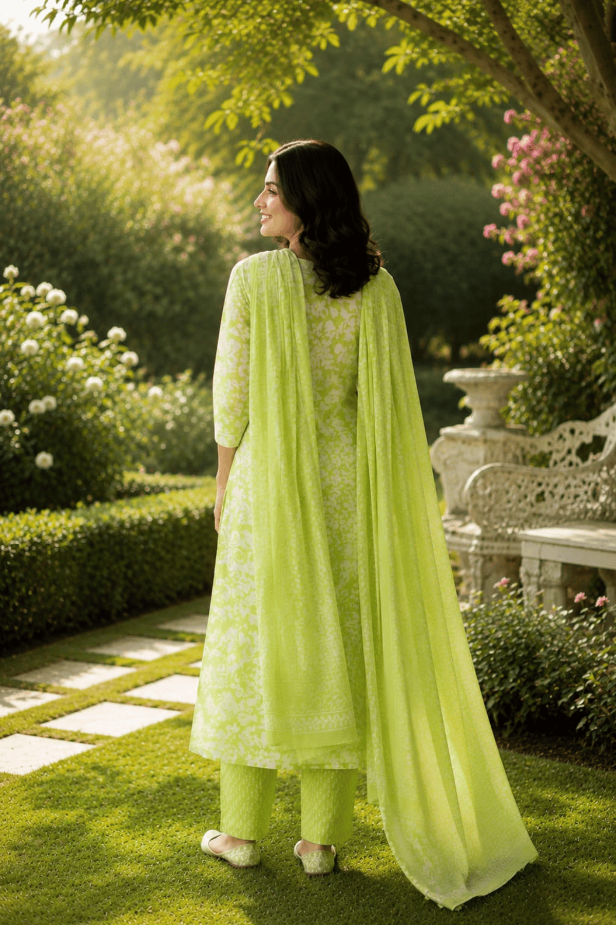 Majestic Diva's Lime Green Floral Printed Dupatta Set