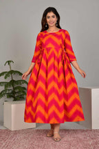Majestic divas Cotton Pink Orange Chevron Zigzag Printed Maternity Feeding Kurta Dress with Dual Zippers