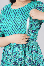 Majestic divas Cotton Teal Blue Black Floral Printed Maternity Feeding Kurta Dress with Dual Zippers