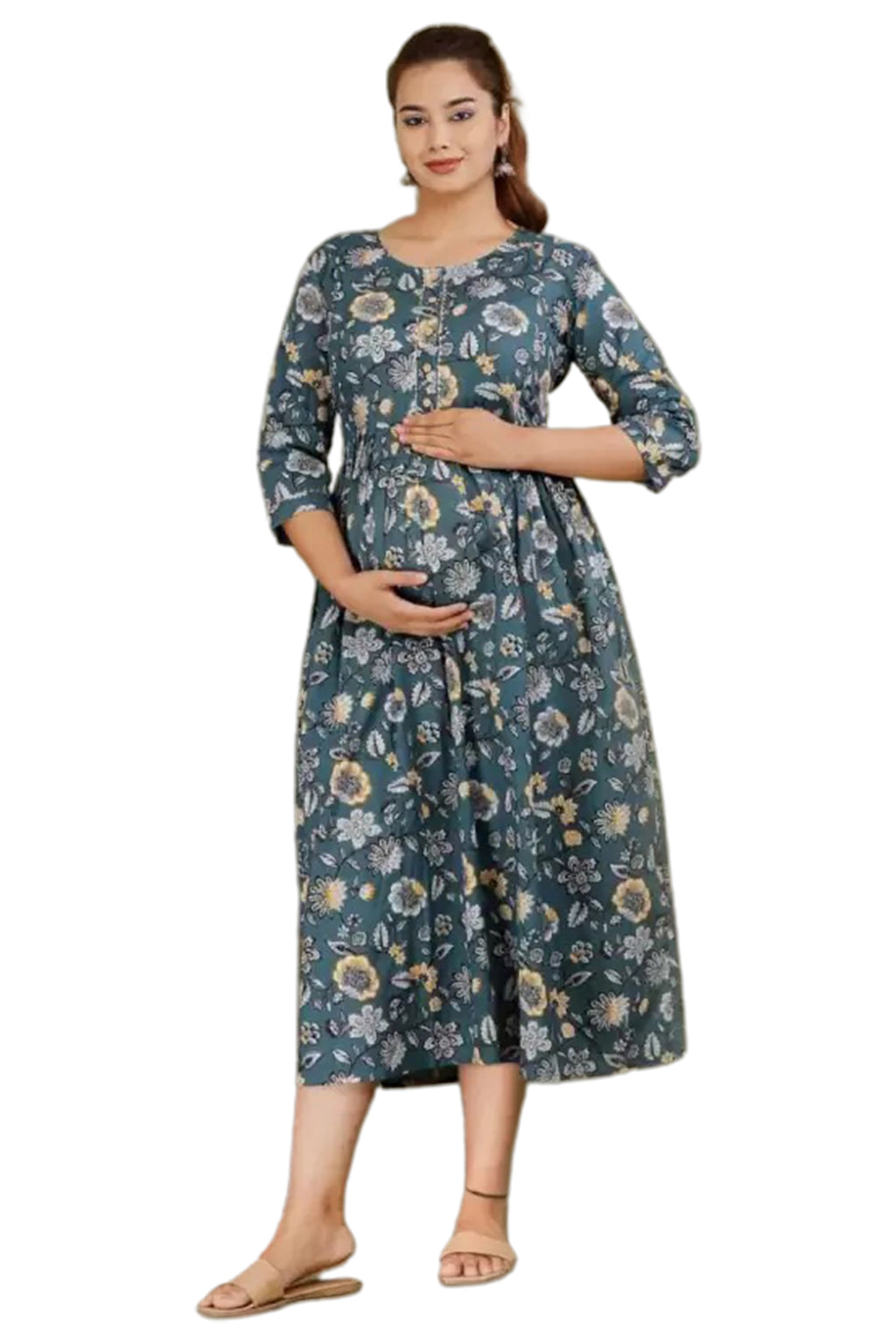Majestic divas  Cotton Teal Green Floral Maternity Feeding Kurta Dress with Dual Zippers